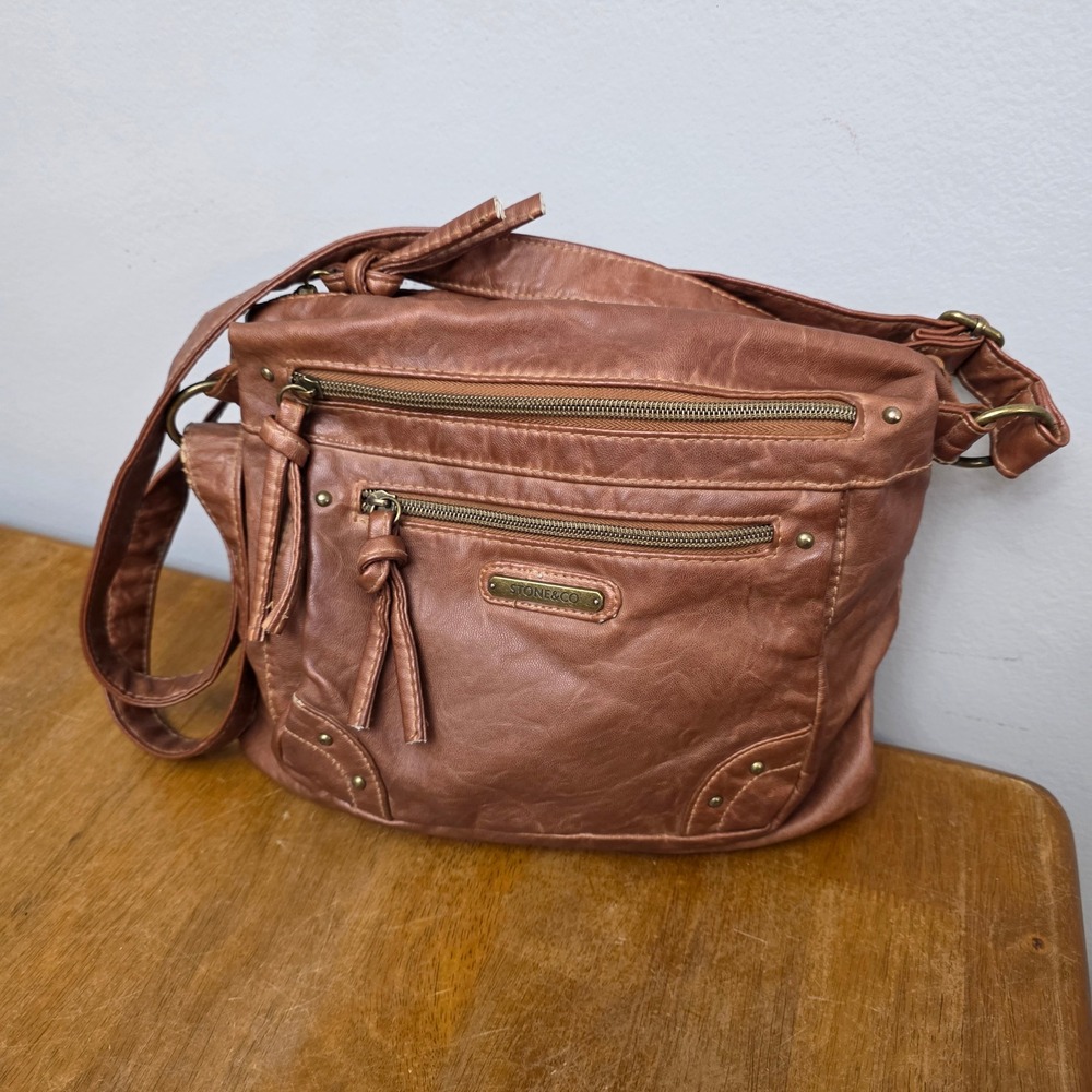 Stone‎ & Co Brown Faux Leather Crossbody Bag  Purse Multi Pocket Studded Medium